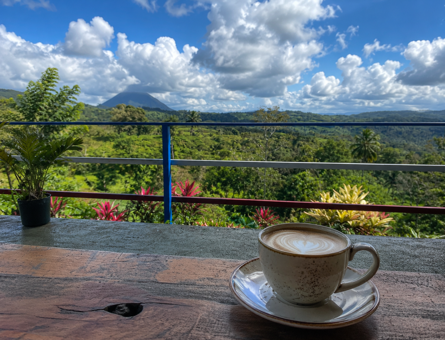 A latte on a wood table overlooking Arenal Volcano and the green valley