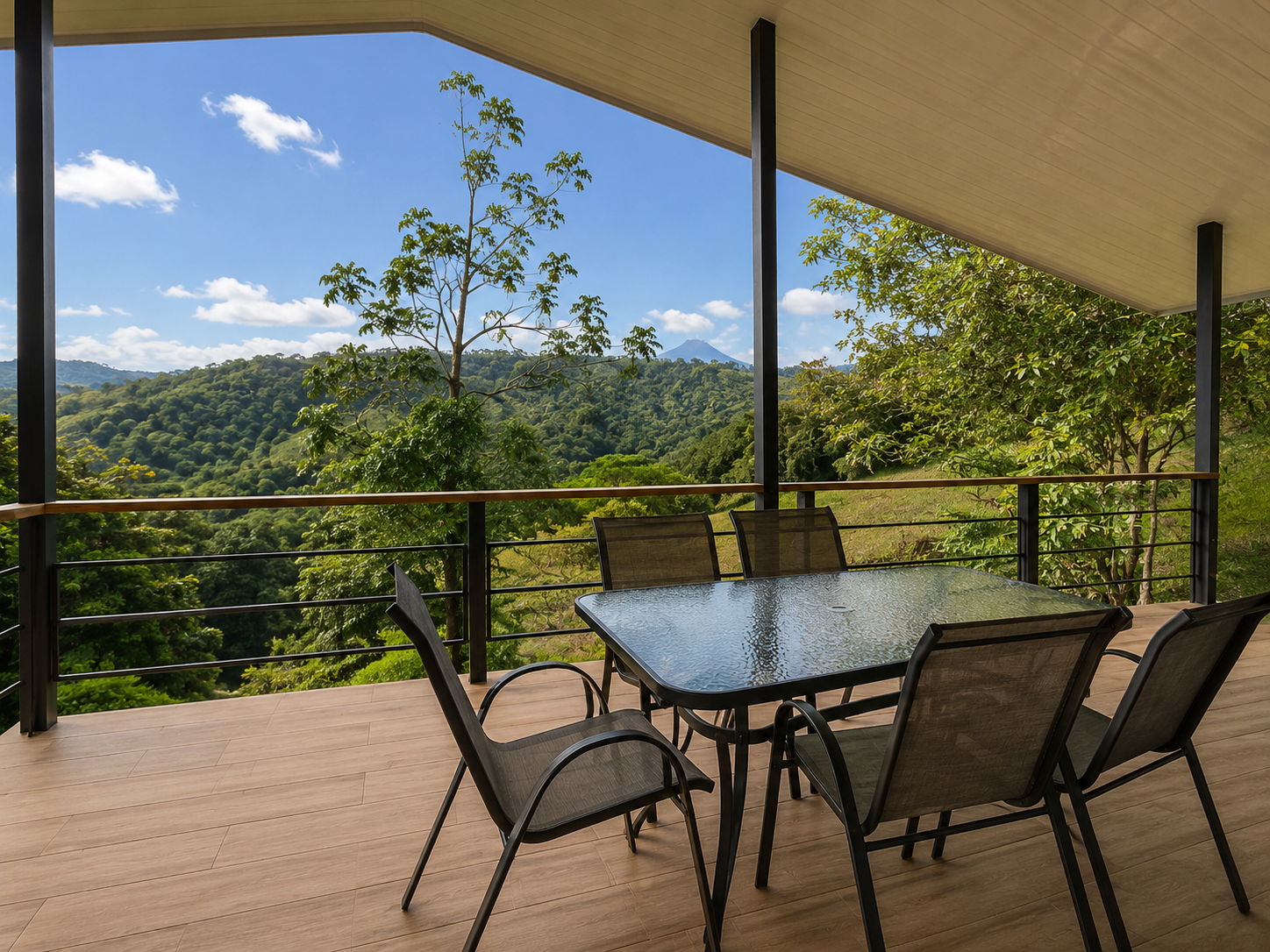 Outdoor dining table on the covered deck
