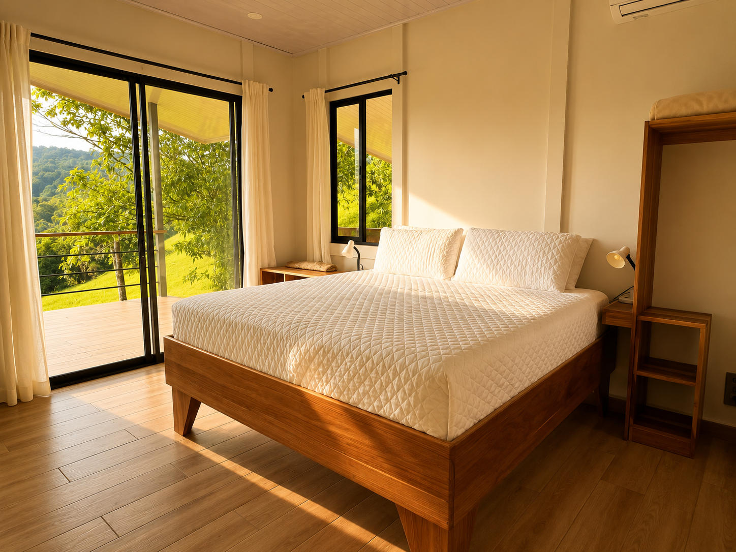 Double bedroom opening onto the deck with valley views