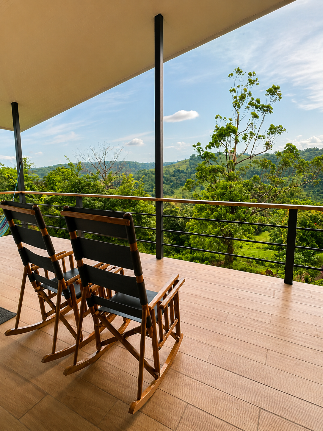 Rocking chairs on the deck overlooking the valley