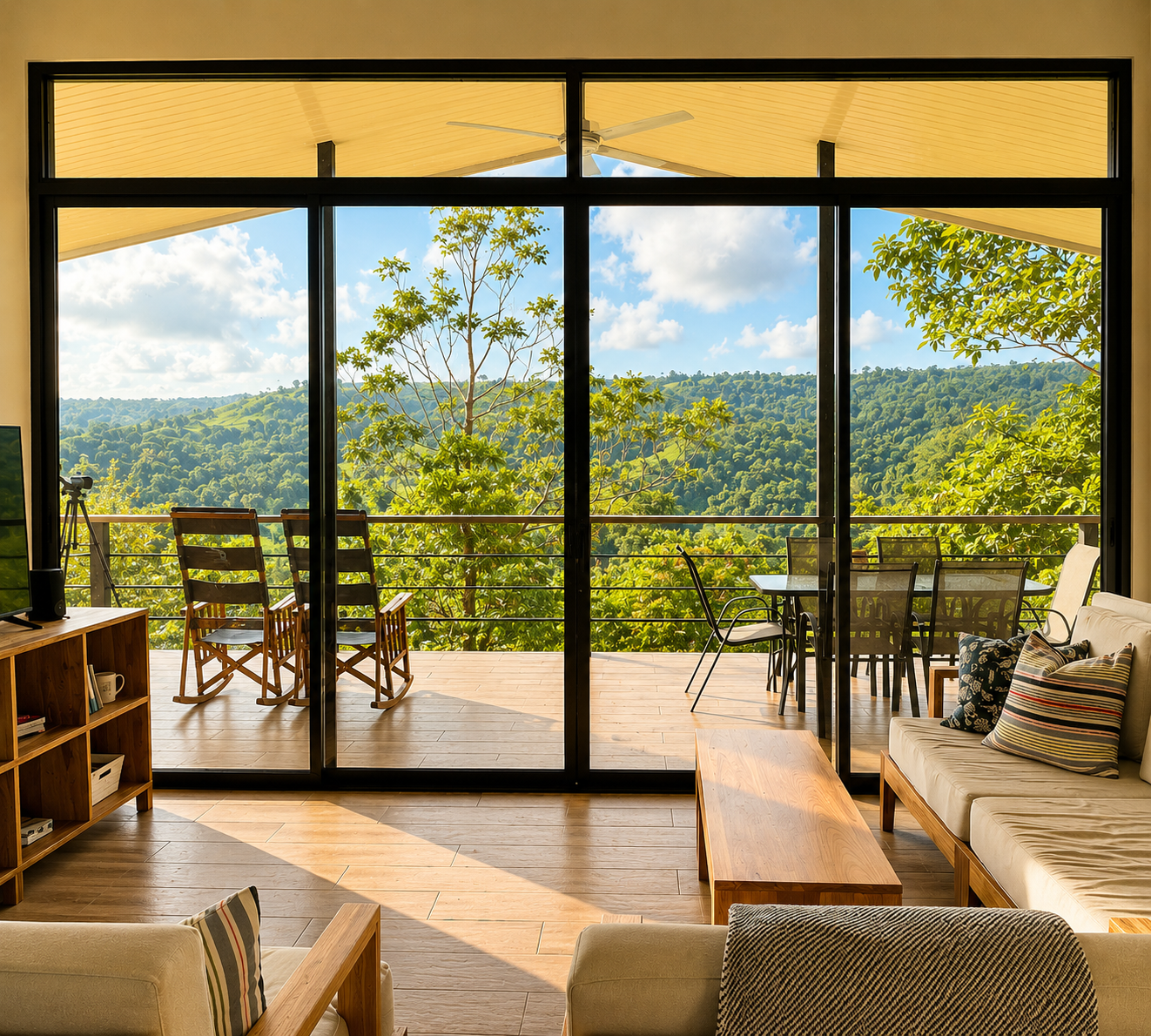 Living area opening onto the deck and valley view