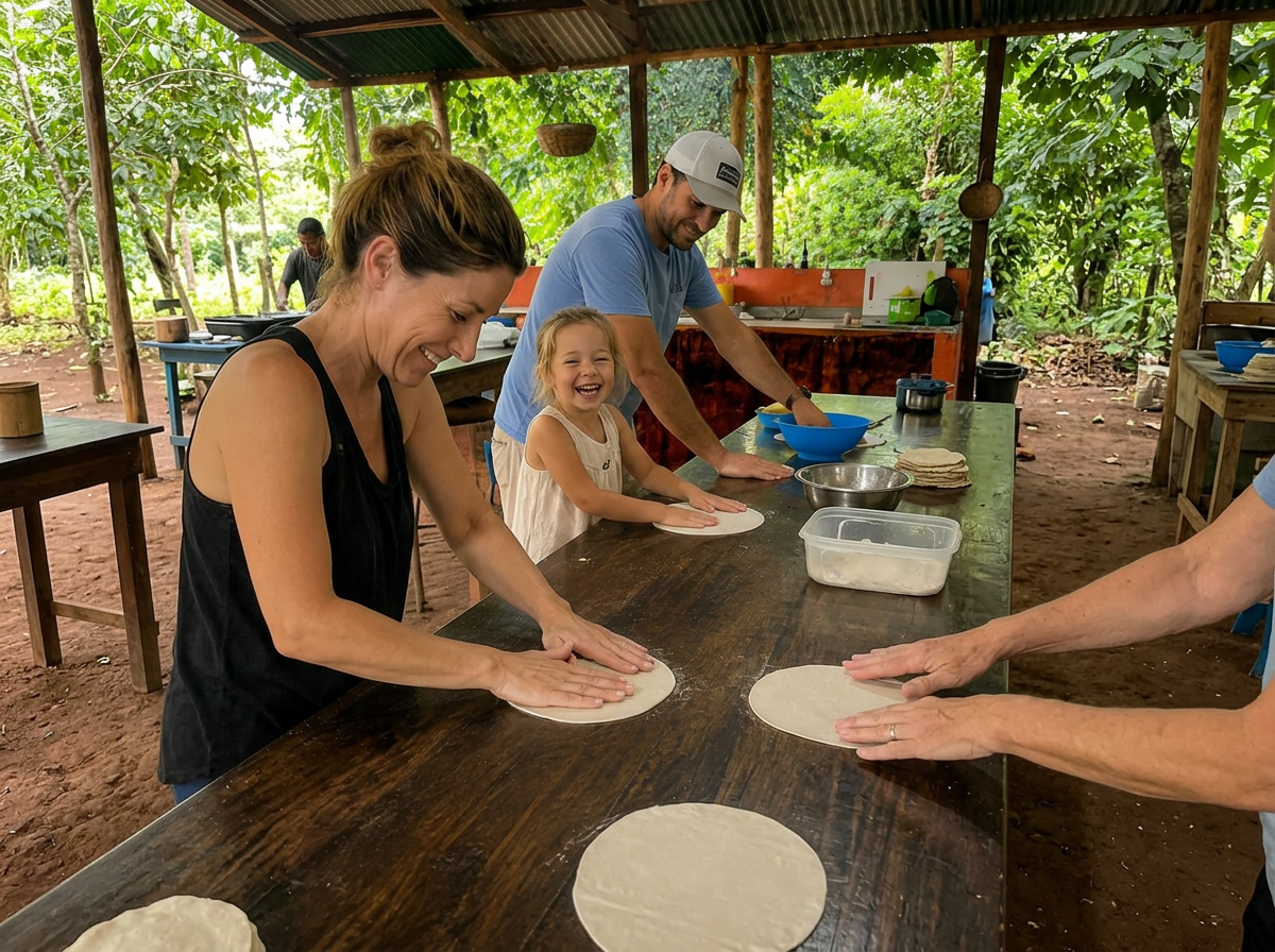 A family making fresh tortillas by hand with Damaris