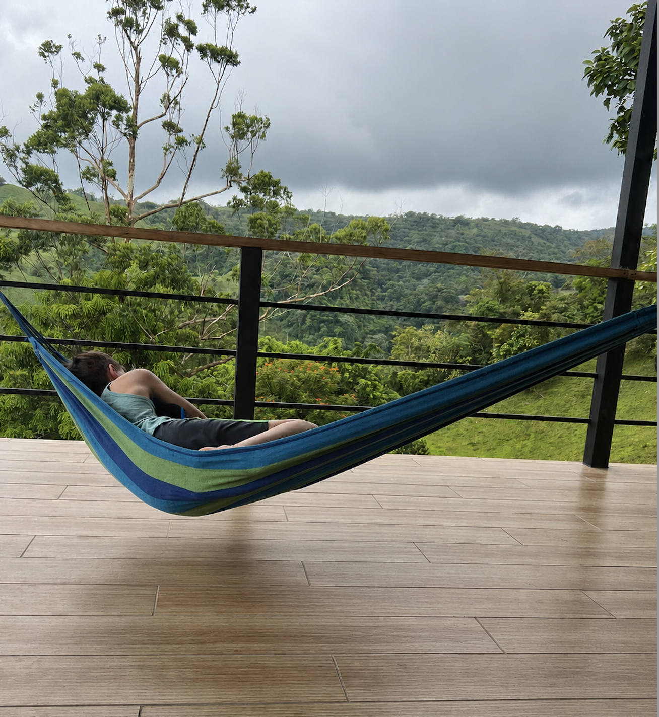Hammock on the deck overlooking the green hills